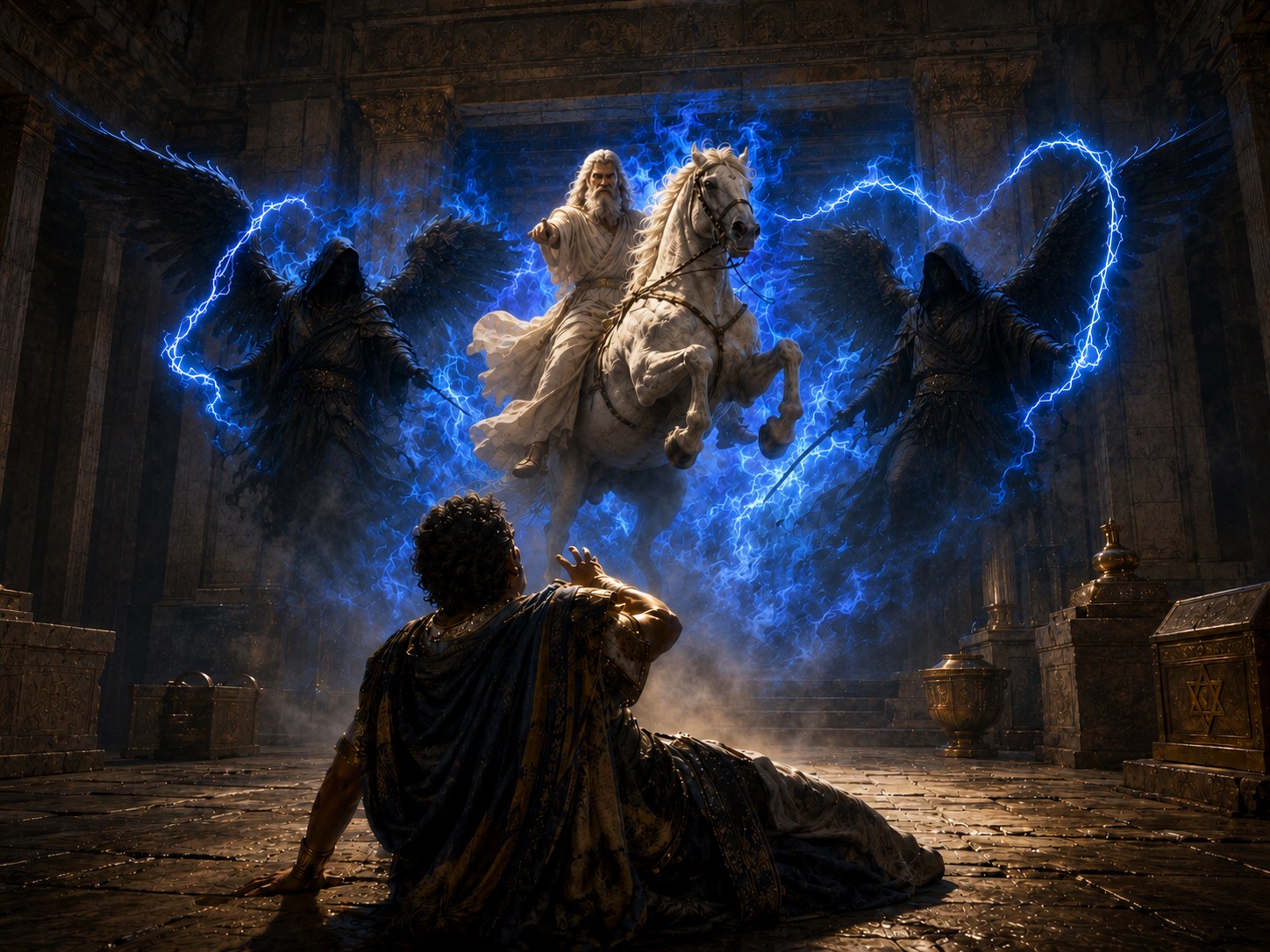 Heliodorus on the ground before Zechariah on horseback and two avenging angels